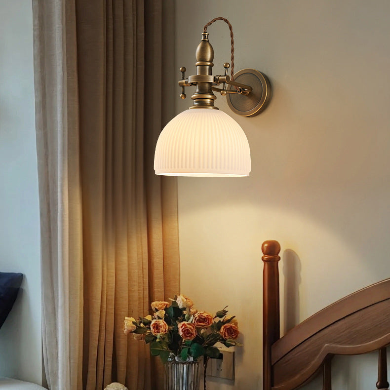 Contemporary Retro Hat Shape Full Copper Glass Lampshade 1 - Light Wall Sconce Lamp For Bedroom