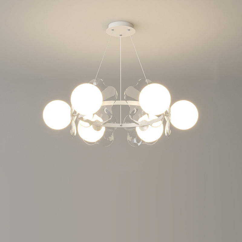 Zeitgenössischer skandinavischer Orbs Nähen von transparenten Blumen Aluminium Eisen Acryl Lampenschirm LED Kronleuchter für Wohnzimmer 