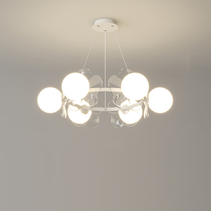 Zeitgenössischer skandinavischer Orbs Nähen von transparenten Blumen Aluminium Eisen Acryl Lampenschirm LED Kronleuchter für Wohnzimmer 