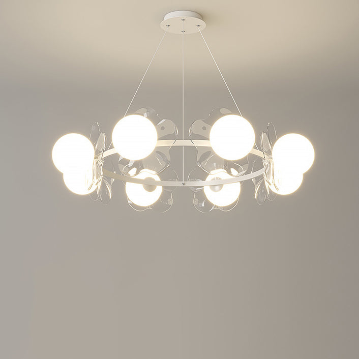 Zeitgenössischer skandinavischer Orbs Nähen von transparenten Blumen Aluminium Eisen Acryl Lampenschirm LED Kronleuchter für Wohnzimmer 