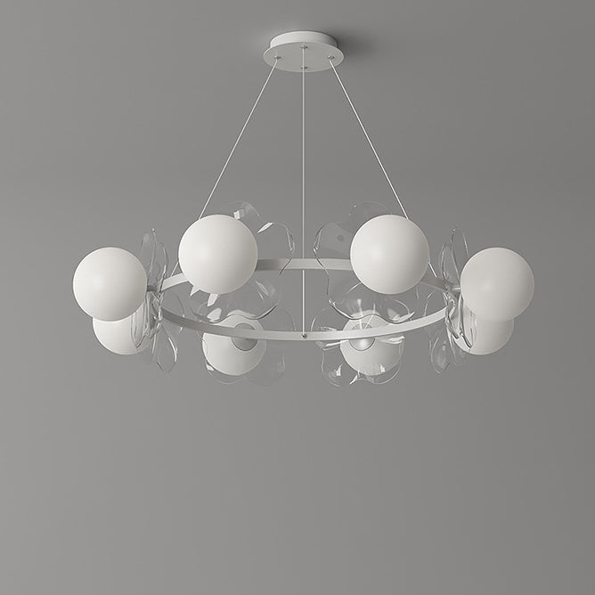 Zeitgenössischer skandinavischer Orbs Nähen von transparenten Blumen Aluminium Eisen Acryl Lampenschirm LED Kronleuchter für Wohnzimmer 
