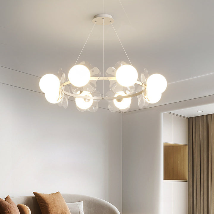 Zeitgenössischer skandinavischer Orbs Nähen von transparenten Blumen Aluminium Eisen Acryl Lampenschirm LED Kronleuchter für Wohnzimmer 