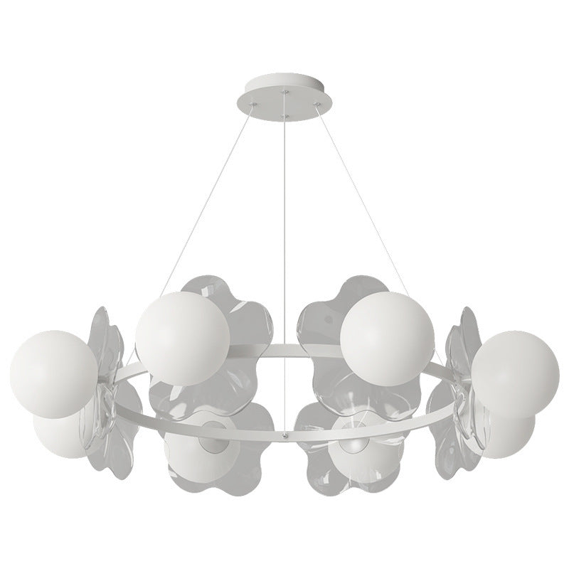 Zeitgenössischer skandinavischer Orbs Nähen von transparenten Blumen Aluminium Eisen Acryl Lampenschirm LED Kronleuchter für Wohnzimmer 