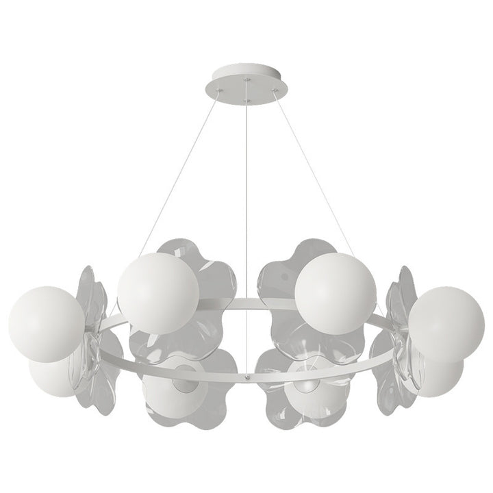 Zeitgenössischer skandinavischer Orbs Nähen von transparenten Blumen Aluminium Eisen Acryl Lampenschirm LED Kronleuchter für Wohnzimmer 