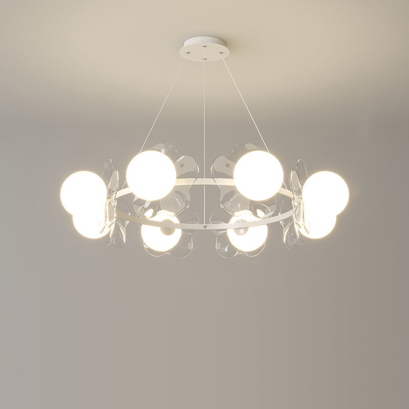 Zeitgenössischer skandinavischer Orbs Nähen von transparenten Blumen Aluminium Eisen Acryl Lampenschirm LED Kronleuchter für Wohnzimmer 