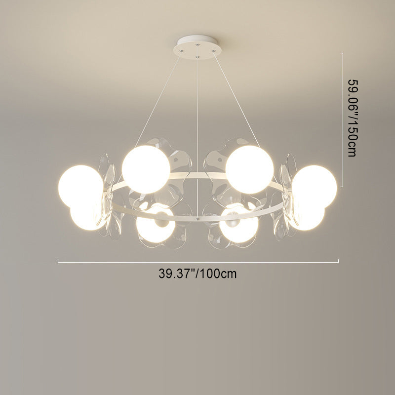 Zeitgenössischer skandinavischer Orbs Nähen von transparenten Blumen Aluminium Eisen Acryl Lampenschirm LED Kronleuchter für Wohnzimmer 