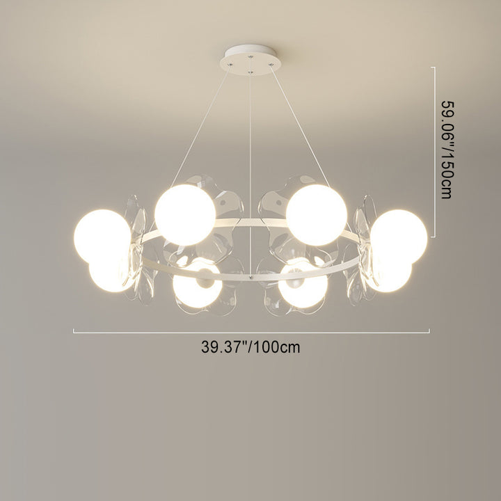 Zeitgenössischer skandinavischer Orbs Nähen von transparenten Blumen Aluminium Eisen Acryl Lampenschirm LED Kronleuchter für Wohnzimmer 