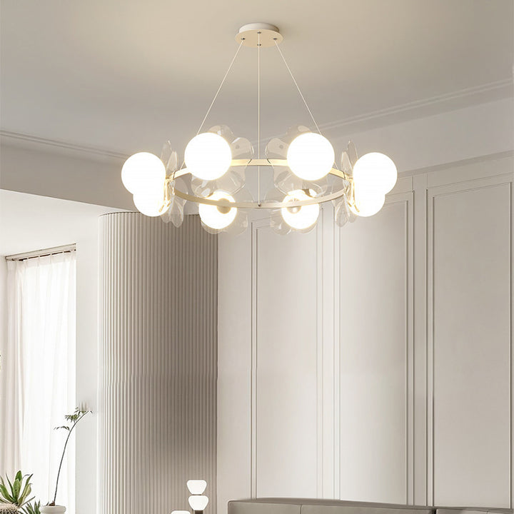 Zeitgenössischer skandinavischer Orbs Nähen von transparenten Blumen Aluminium Eisen Acryl Lampenschirm LED Kronleuchter für Wohnzimmer 
