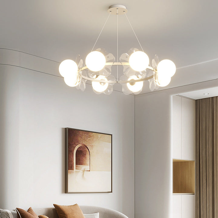 Zeitgenössischer skandinavischer Orbs Nähen von transparenten Blumen Aluminium Eisen Acryl Lampenschirm LED Kronleuchter für Wohnzimmer 