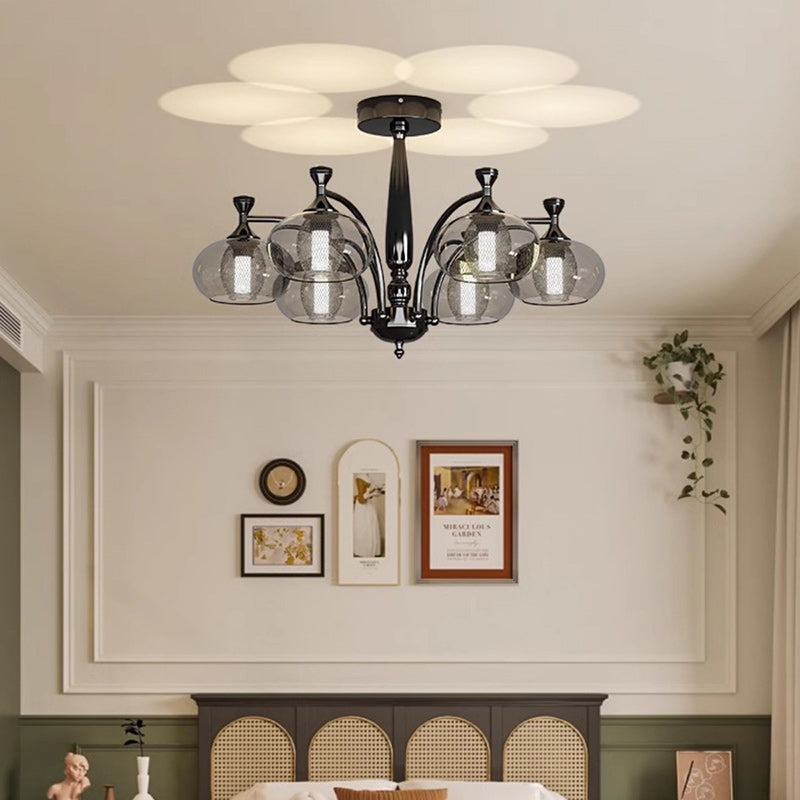 Contemporary Retro Oval Glass Lampshade Aluminum Hardware LED Chandeliers For Living Room