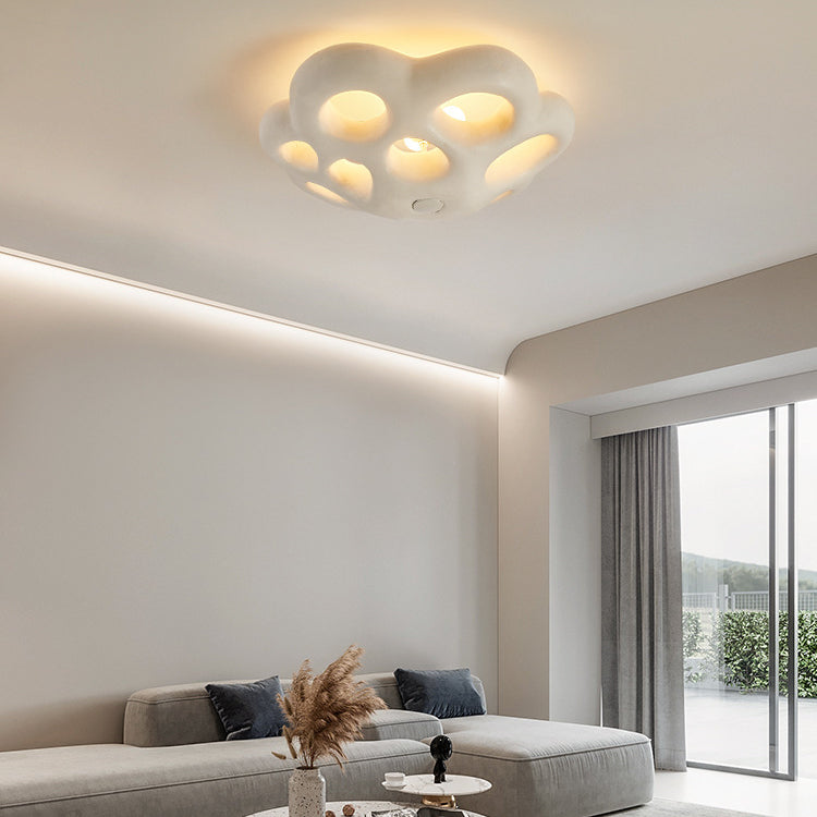 Contemporary Scandinavian Irregular Shape Holes Full Polystyrene Lampshade 3 - Light Flush Mount Ceiling Light For Living Room