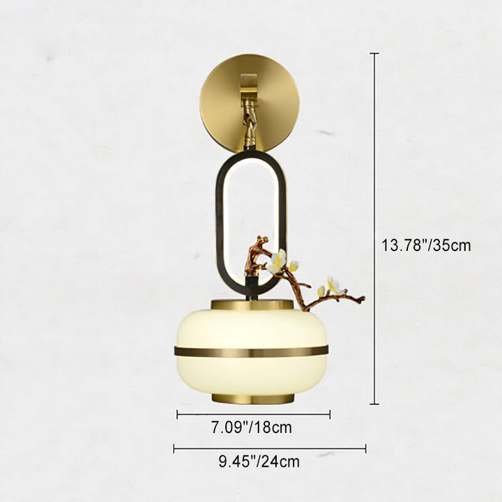 Traditional Chinese Oval Branch Flowers Copper Glass LED Wall Sconce Lamp For Living Room