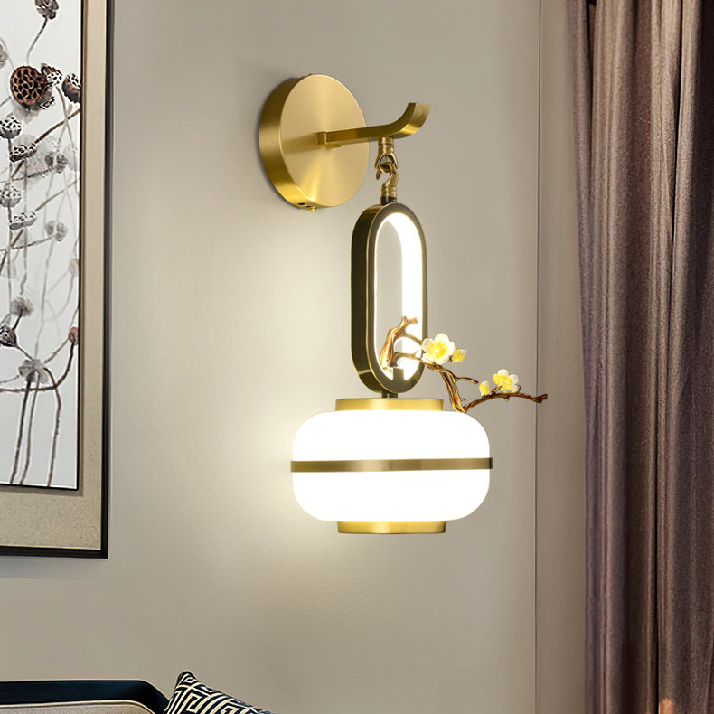 Applique Murale LED en Cuivre avec Fleurs de Branche Ovale Chinoise Traditionnelle pour Salon 