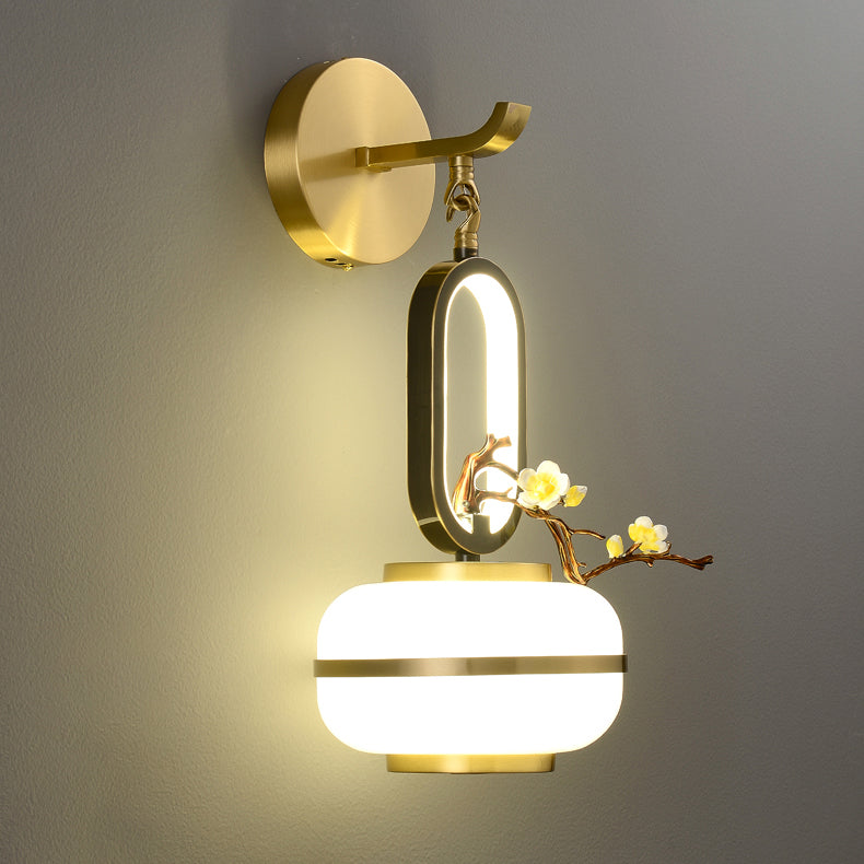 Traditional Chinese Oval Branch Flowers Copper Glass LED Wall Sconce Lamp For Living Room