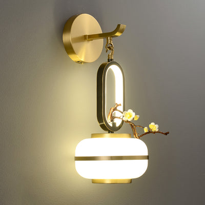 Applique Murale LED en Cuivre avec Fleurs de Branche Ovale Chinoise Traditionnelle pour Salon 