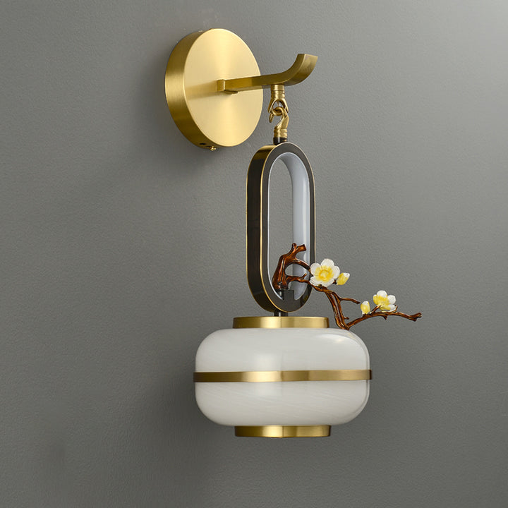 Traditional Chinese Oval Branch Flowers Copper Glass LED Wall Sconce Lamp For Living Room