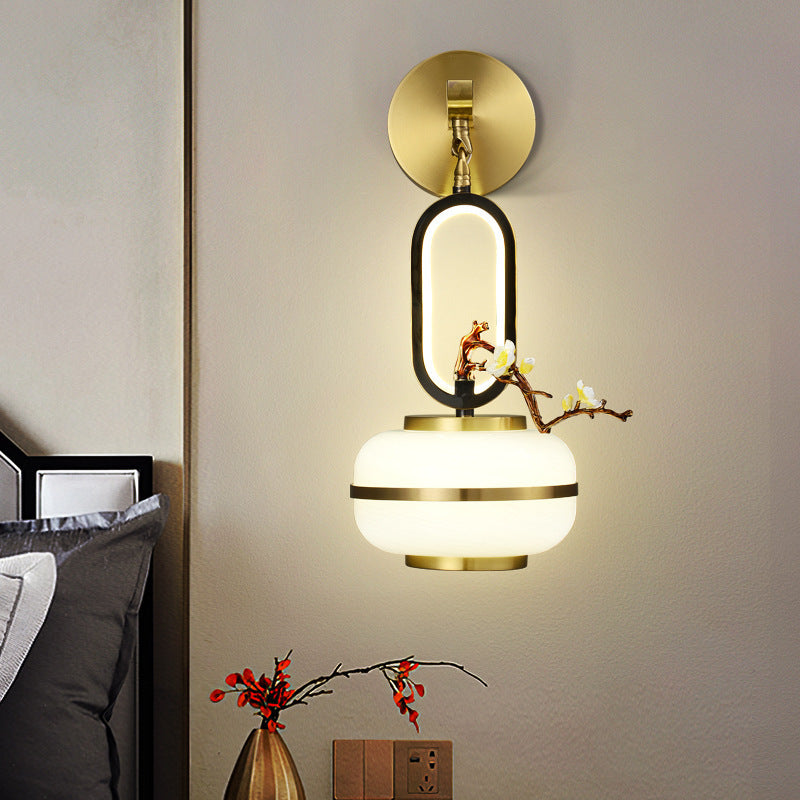 Applique Murale LED en Cuivre avec Fleurs de Branche Ovale Chinoise Traditionnelle pour Salon 