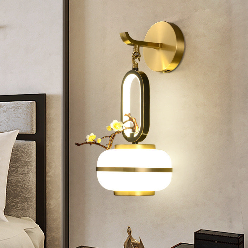 Applique Murale LED en Cuivre avec Fleurs de Branche Ovale Chinoise Traditionnelle pour Salon 