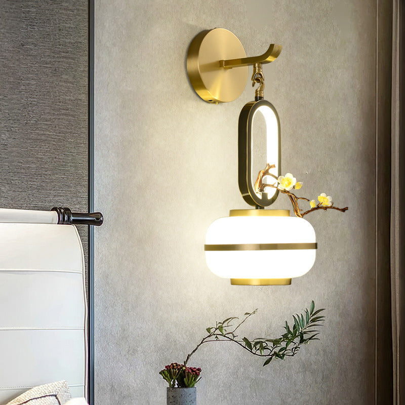 Applique Murale LED en Cuivre avec Fleurs de Branche Ovale Chinoise Traditionnelle pour Salon 