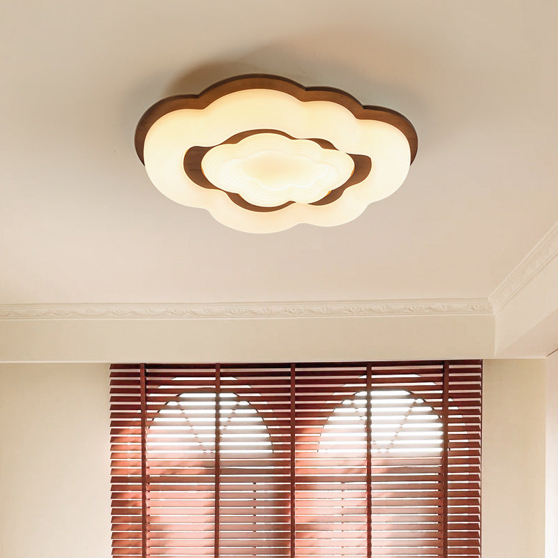 Lustre moderne en forme de nuage rétro en bois de caoutchouc avec abat-jour en PE à LED pour chambre à coucher 