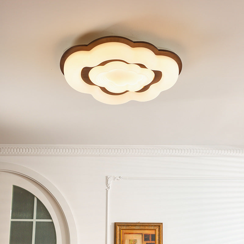 Lustre moderne en forme de nuage rétro en bois de caoutchouc avec abat-jour en PE à LED pour chambre à coucher 