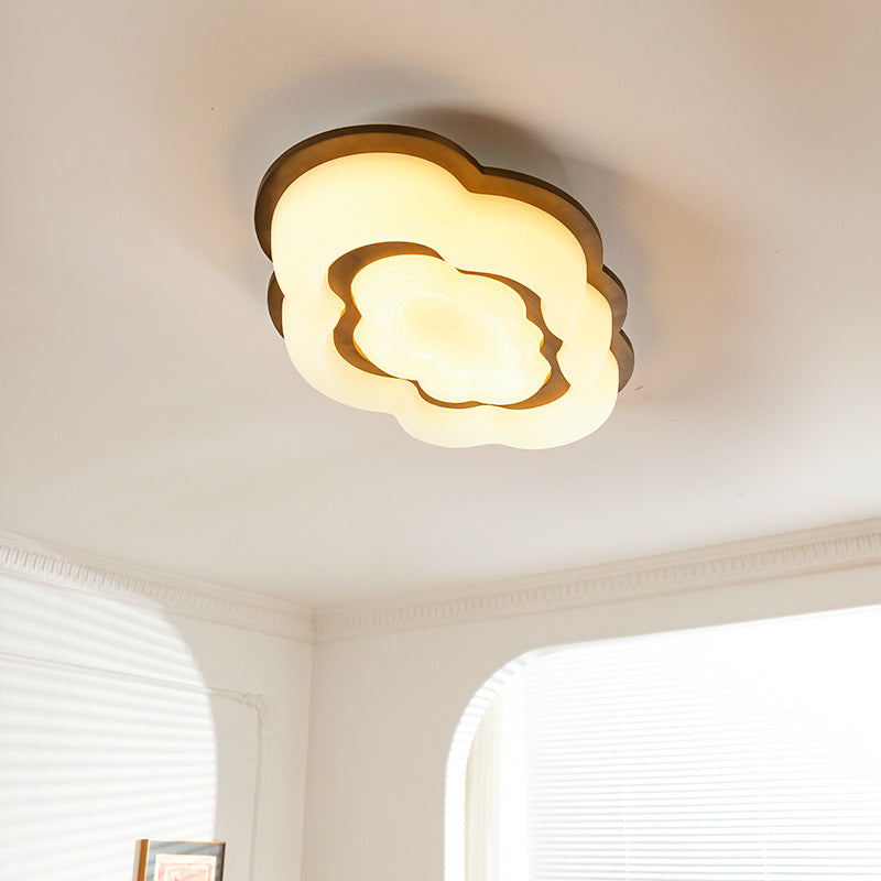 Lustre moderne en forme de nuage rétro en bois de caoutchouc avec abat-jour en PE à LED pour chambre à coucher 