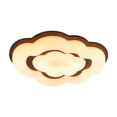 Lustre moderne en forme de nuage rétro en bois de caoutchouc avec abat-jour en PE à LED pour chambre à coucher 
