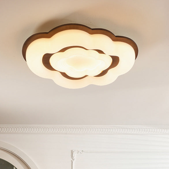 Lustre moderne en forme de nuage rétro en bois de caoutchouc avec abat-jour en PE à LED pour chambre à coucher 