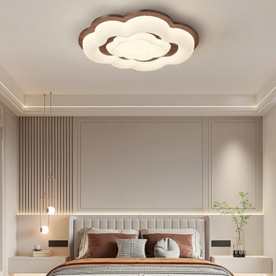 Lustre moderne en forme de nuage rétro en bois de caoutchouc avec abat-jour en PE à LED pour chambre à coucher 