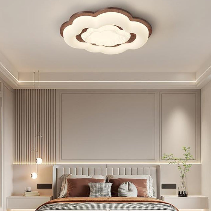 Lustre moderne en forme de nuage rétro en bois de caoutchouc avec abat-jour en PE à LED pour chambre à coucher 