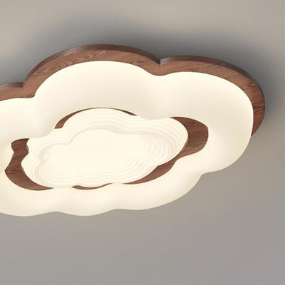 Lustre moderne en forme de nuage rétro en bois de caoutchouc avec abat-jour en PE à LED pour chambre à coucher 
