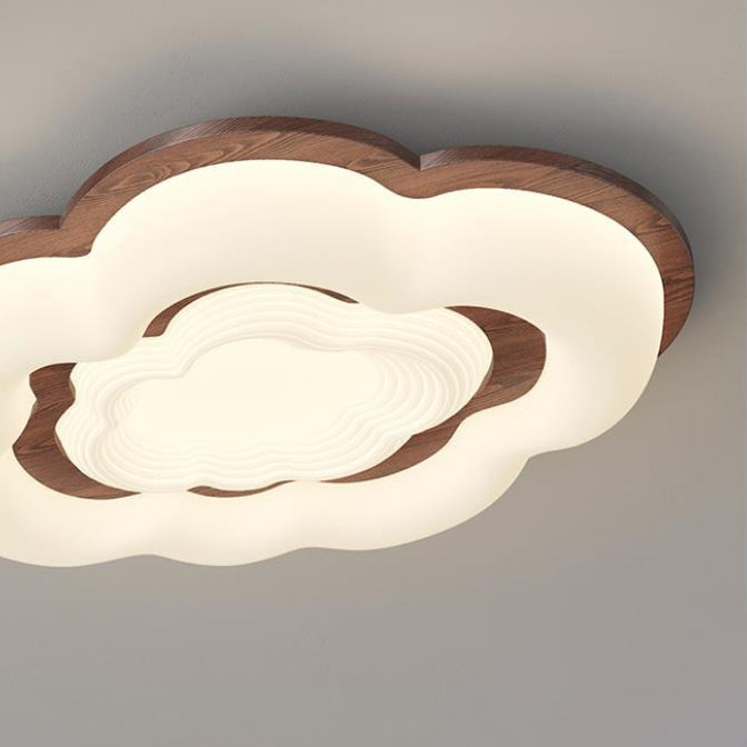 Lustre moderne en forme de nuage rétro en bois de caoutchouc avec abat-jour en PE à LED pour chambre à coucher 