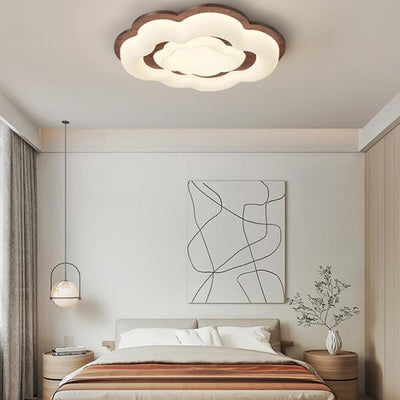 Lustre moderne en forme de nuage rétro en bois de caoutchouc avec abat-jour en PE à LED pour chambre à coucher 
