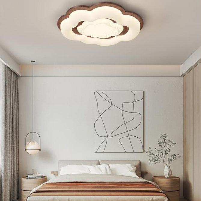 Lustre moderne en forme de nuage rétro en bois de caoutchouc avec abat-jour en PE à LED pour chambre à coucher 