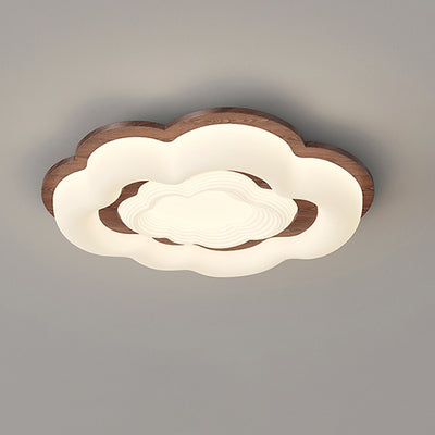 Lustre moderne en forme de nuage rétro en bois de caoutchouc avec abat-jour en PE à LED pour chambre à coucher 