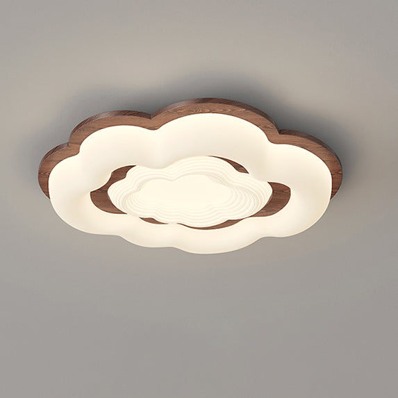 Lustre moderne en forme de nuage rétro en bois de caoutchouc avec abat-jour en PE à LED pour chambre à coucher 