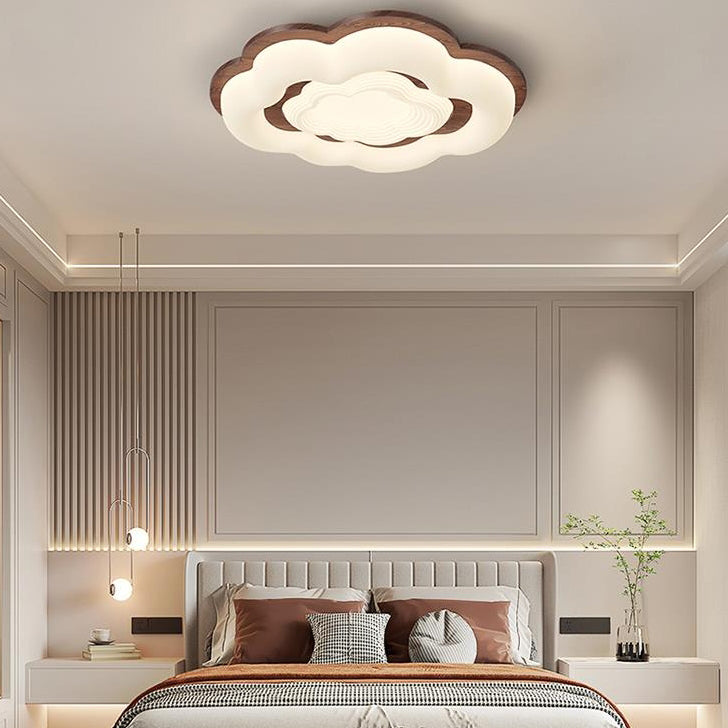 Lustre moderne en forme de nuage rétro en bois de caoutchouc avec abat-jour en PE à LED pour chambre à coucher 