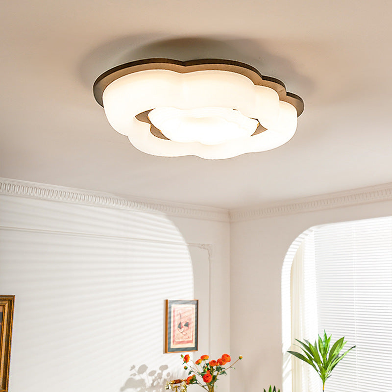 Lustre moderne en forme de nuage rétro en bois de caoutchouc avec abat-jour en PE à LED pour chambre à coucher 