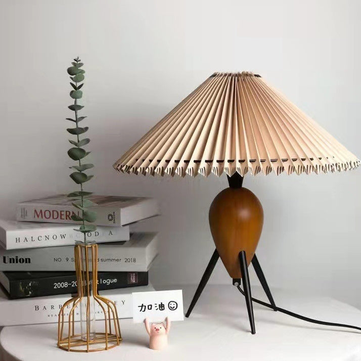 Pantalla de lámpara de tela de paraguas retro contemporáneo con base de madera 1 - Lámpara de mesa para sala de estar 