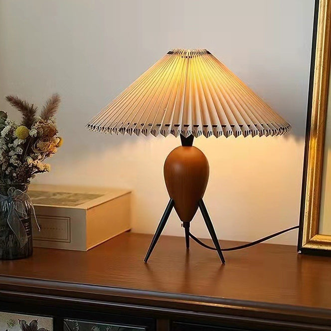 Pantalla de lámpara de tela de paraguas retro contemporáneo con base de madera 1 - Lámpara de mesa para sala de estar 