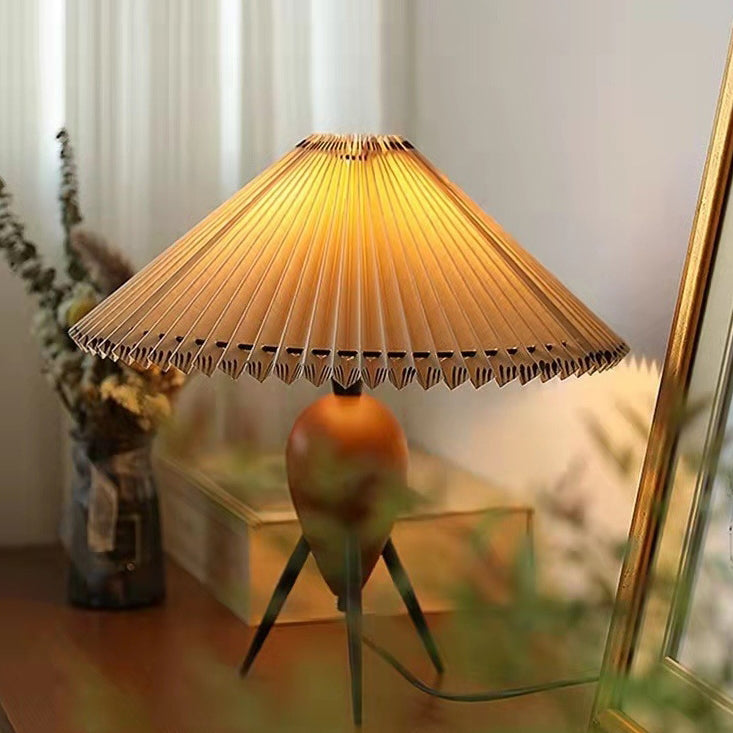 Pantalla de lámpara de tela de paraguas retro contemporáneo con base de madera 1 - Lámpara de mesa para sala de estar 