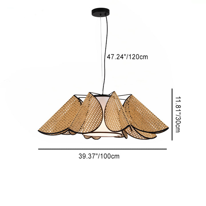 Contemporary Boho Folded Leaves Rattan Weaving Trapezoid Fabric Lampshade Hardware 1 - Light Chandelier For Dining Room