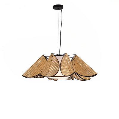 Pantalla de lámpara de tela trapezoidal tejida en ratán con hojas dobladas de estilo boho contemporáneo, hardware de candelabro de 1 luz para comedor 