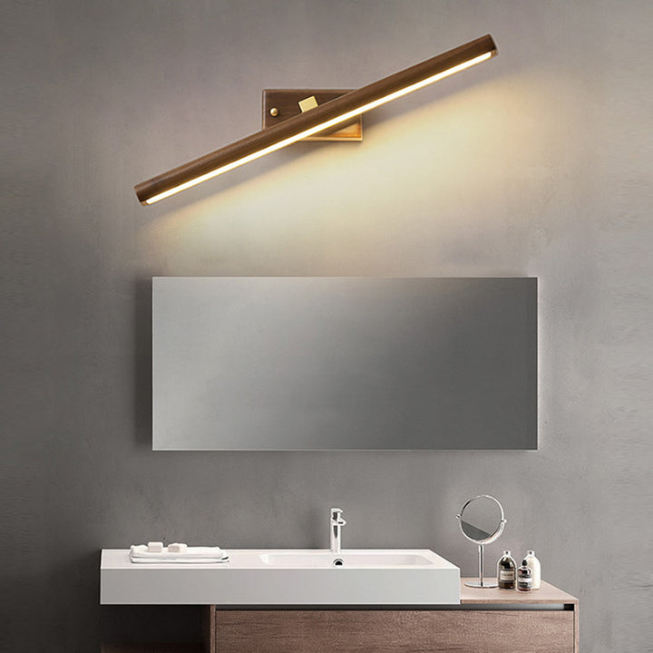 Traditional Japanese Long Cylindrical Straight Line Rotatable Walnut Copper LED Vanity Light Mirror Front Wall Sconce Lamp For Bathroom