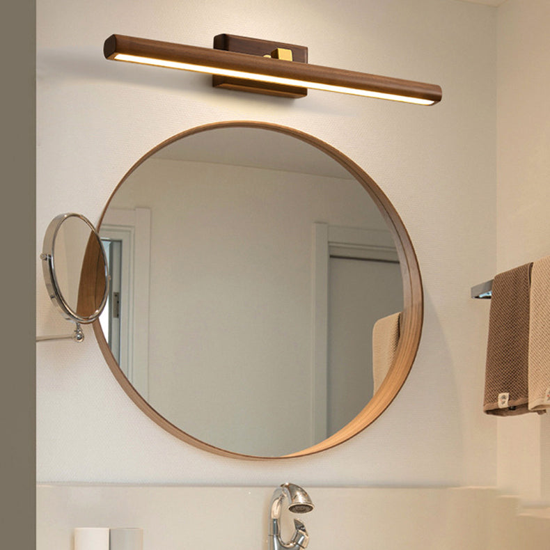 Traditional Japanese Long Cylindrical Straight Line Rotatable Walnut Copper LED Vanity Light Mirror Front Wall Sconce Lamp For Bathroom