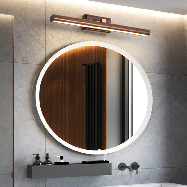 Traditional Japanese Long Cylindrical Straight Line Rotatable Walnut Copper LED Vanity Light Mirror Front Wall Sconce Lamp For Bathroom
