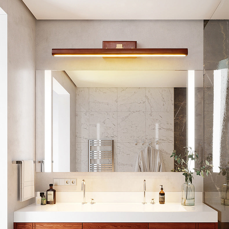 Traditional Japanese Long Cylindrical Straight Line Rotatable Walnut Copper LED Vanity Light Mirror Front Wall Sconce Lamp For Bathroom