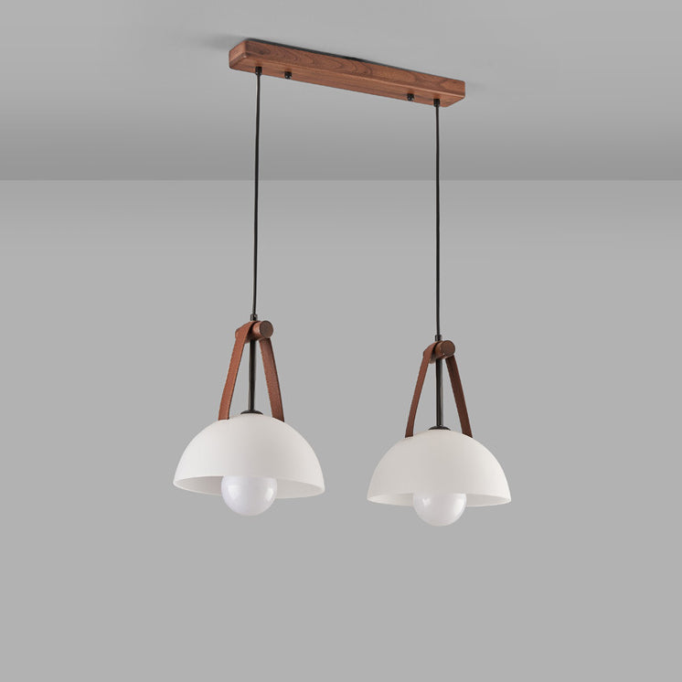 Contemporary Nordic Dome Semicircle Glass Lampshade Walnut Copper Leather 1/2/3 - Light Chandelier For Dining Room