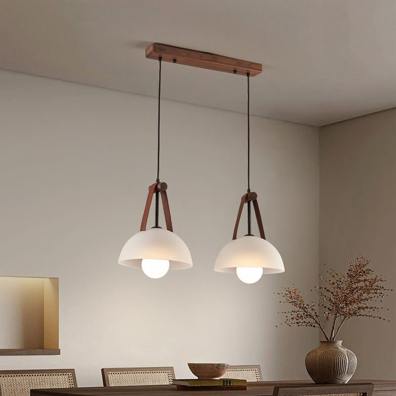 Pantalla de lámpara de vidrio semicircular nórdica contemporánea de cúpula de nogal cobre cuero 1/2/3 - Lámpara de araña para comedor 