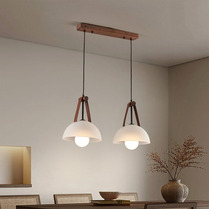 Pantalla de lámpara de vidrio semicircular nórdica contemporánea de cúpula de nogal cobre cuero 1/2/3 - Lámpara de araña para comedor 